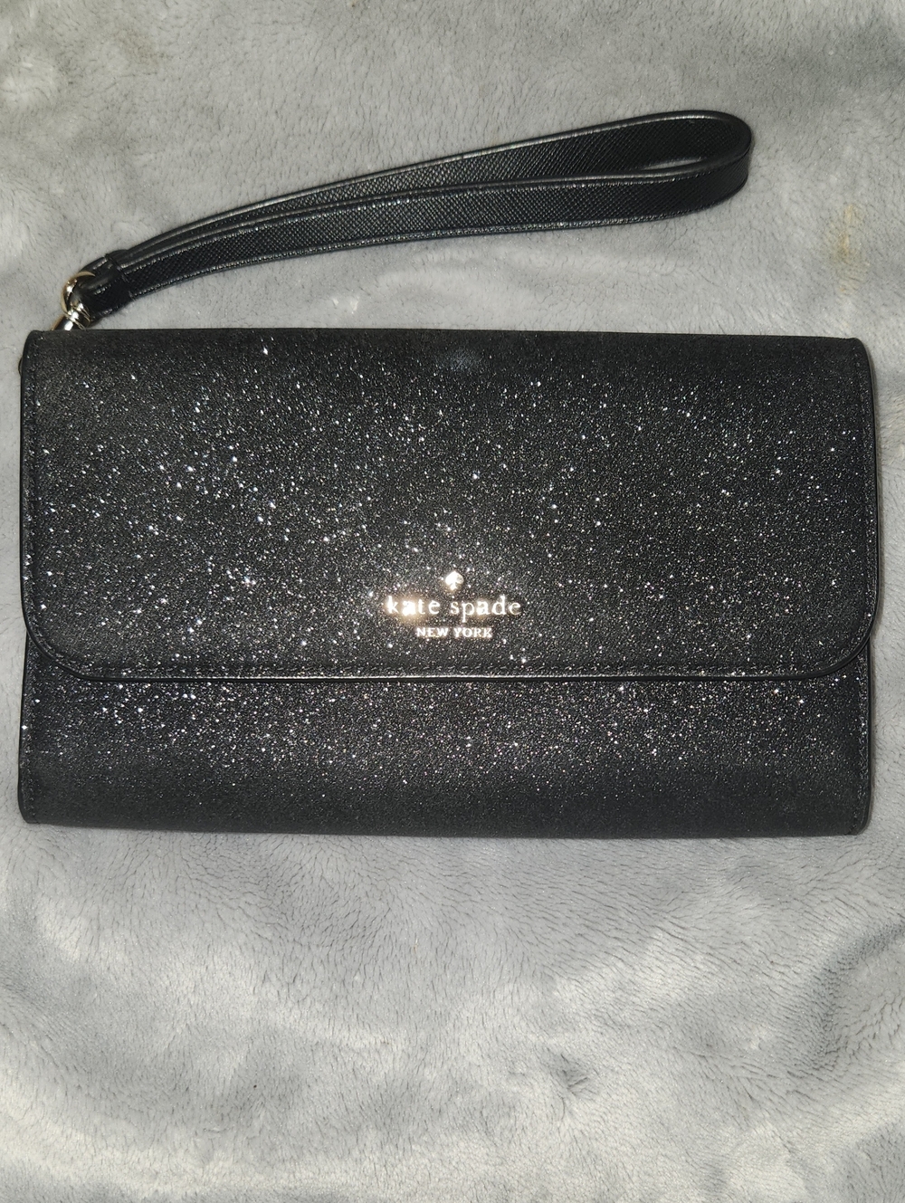 kate spade Black Glitter Wristlet Clutch with Logo
